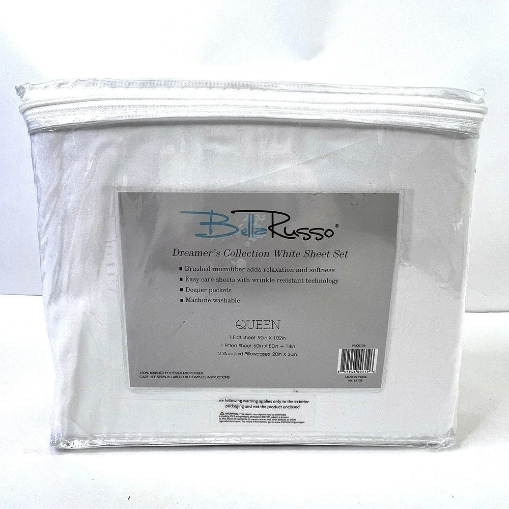 Bella Russo White Microfiber Queen Sheet Set New in Package Flat Fitted 2 Pillow